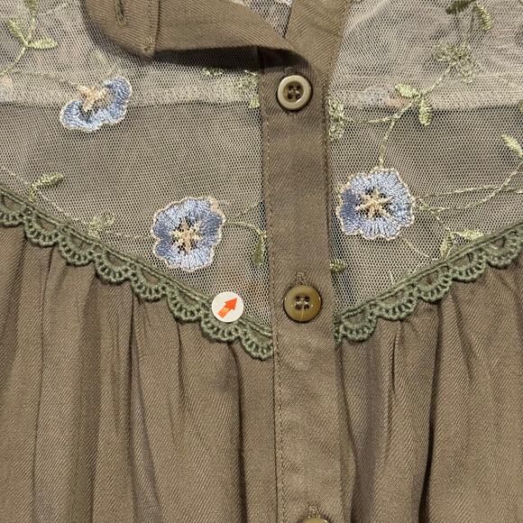 Top Embroidered Floral Fairy Grunge Cottage Boho Dark Academia Mesh Green Large - Picture 5 of 6